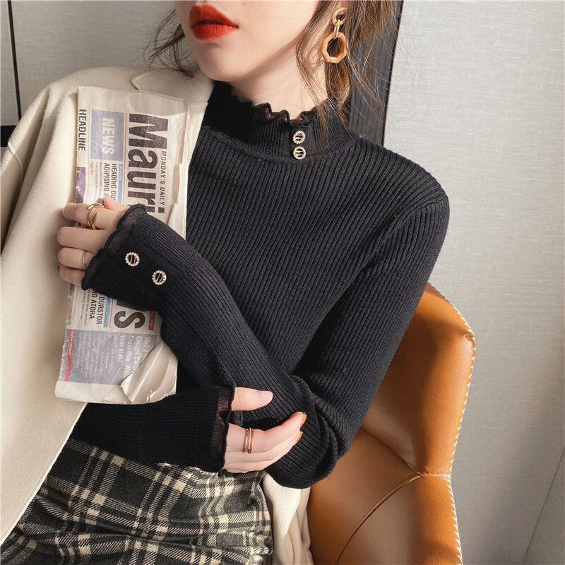 婵栩高中女生冬天内搭高领毛衣打底衫花边蕾丝半高领打底衫女装春秋洋