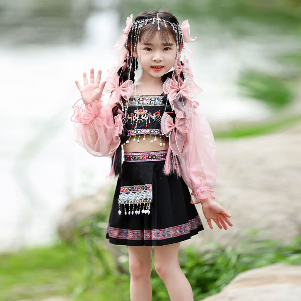 套装公主裙小女孩云南少数民族演出服服饰儿童元旦 上衣 裙子 袖套