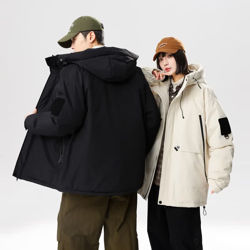 雪中飞新款情侣同休闲时尚连帽羽绒服男女款保暖通勤抽绳连帽 黑色|8056 4XL 190/104A