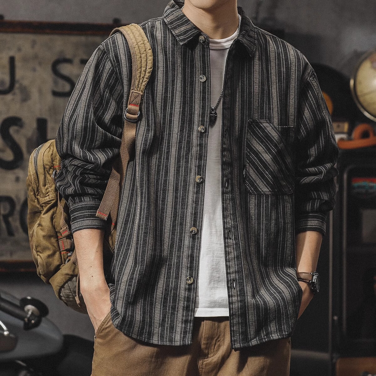 古先森美式复古黑灰色条纹衬衫男春季宽松大码休闲长袖衬衣男装上衣外套 黑灰条纹 M 【100-120斤】
