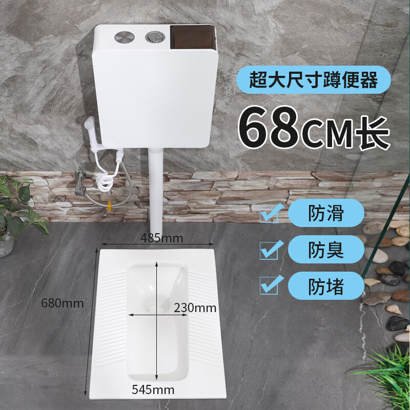 蜀道蹲便器蹲坑式带S弯特大号加长大尺寸冲水箱套装前排后排蹲坑便池 A款水箱+特大尺寸蹲便带弯前出水