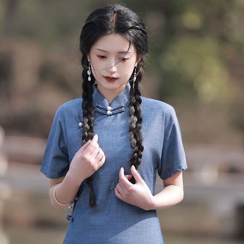 凌菲小姐(miss ling fei)民国军阀旗袍新款蓝色全开襟古法一片式天丝