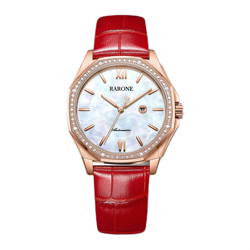 雷诺（RARONE）手表女士时尚潮流红色表带全自动机械表防水腕表 白贝母面·红皮带