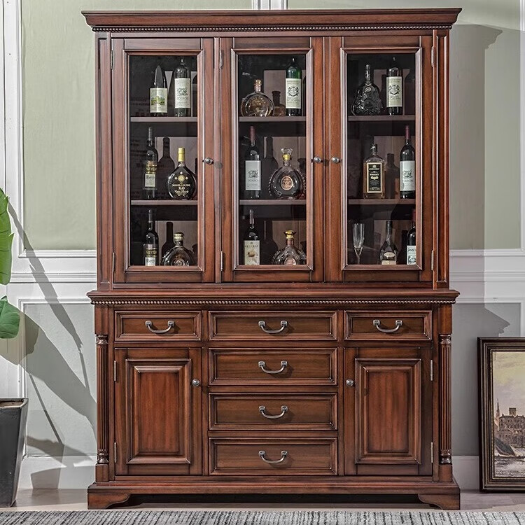 欧格美斯美式实木三门酒柜餐厅家具胡桃木餐边柜古典靠墙收纳碗柜储物