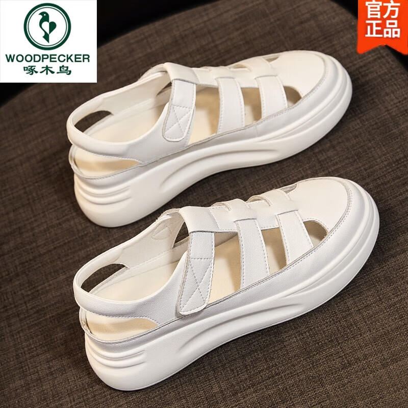 啄木鸟包头凉鞋女罗马2024年夏季新款镂空松糕坡跟厚底增高小白鞋洞洞