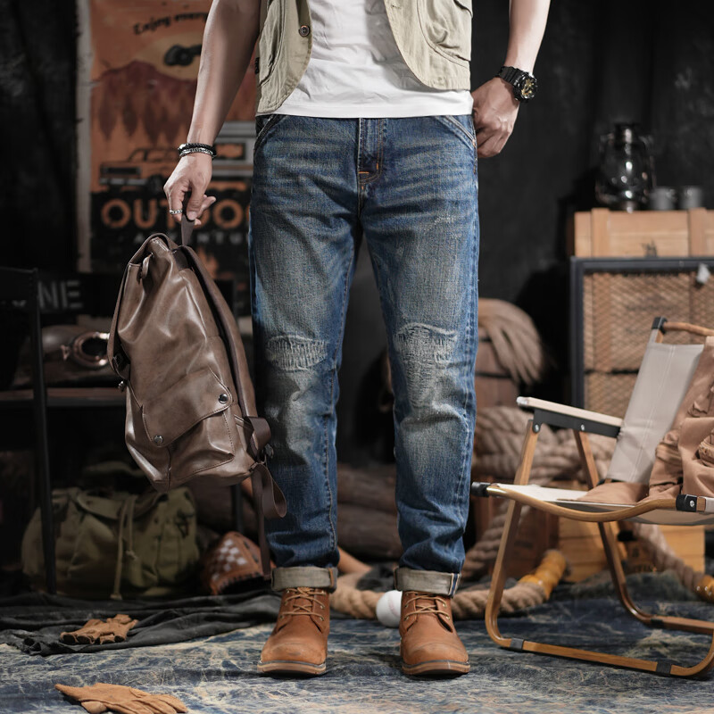 小魔鱼牛仔裤男港风重工艺水洗复古赤耳红边牛仔直筒裤长裤秋冬款527