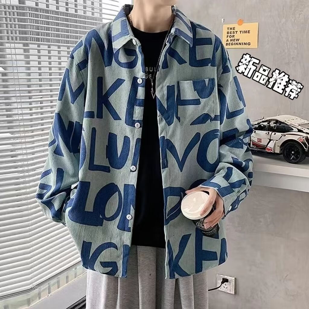 奕津大码啤酒肚男法兰绒衬衫长1袖男士印花加肥加大港风ins潮流百搭宽