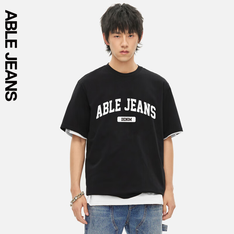 ABLE JEANS男短袖男t恤秋季新款印花LOGO短袖男t恤夏季881253 黑色 XS