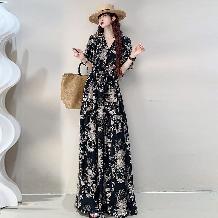 ujxw长裙子连衣裙到脚踝加长版夏季2024年新款法式气质加长款高个及踝