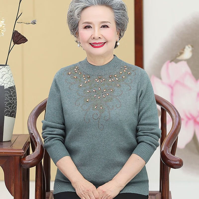 希尾老年毛衣女60-70岁秋冬装针织衫时尚60到70胖装 绿色 m