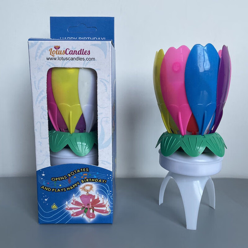 开花旋转莲花灯生日荷花音乐蜡烛盒装荷花灯 单层8支蜡烛三角旋转音乐