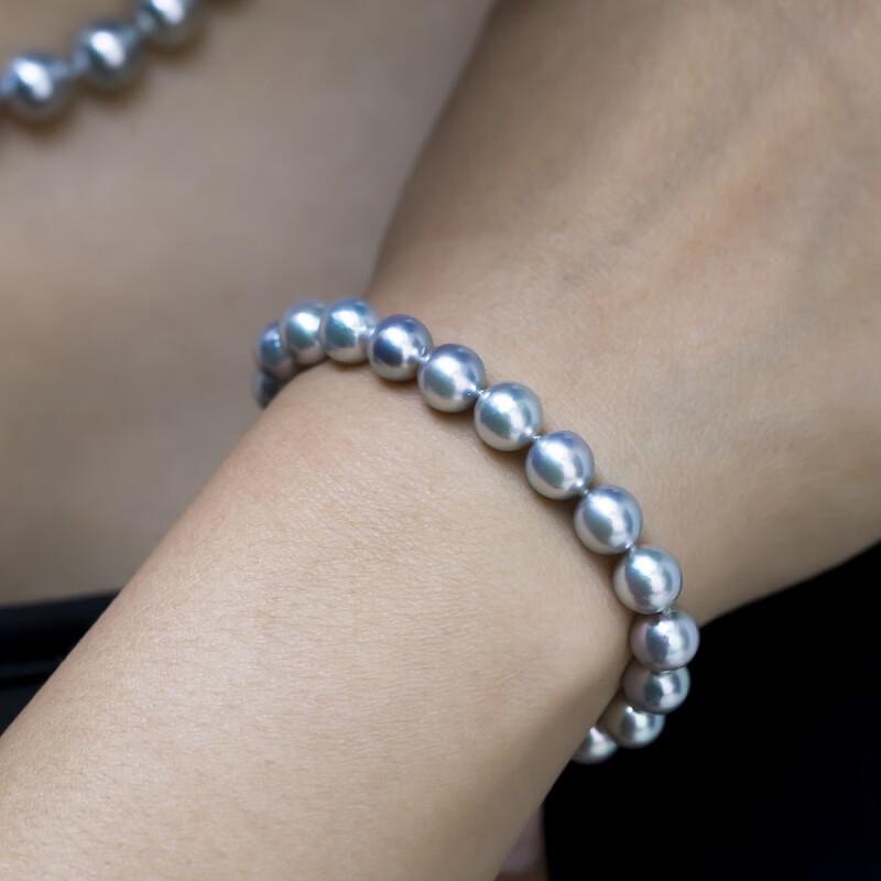 天魅爆亮akoya蓝玫瑰满珠手串 蓝灰色天然海水真多麻珍珠手链品质 拍