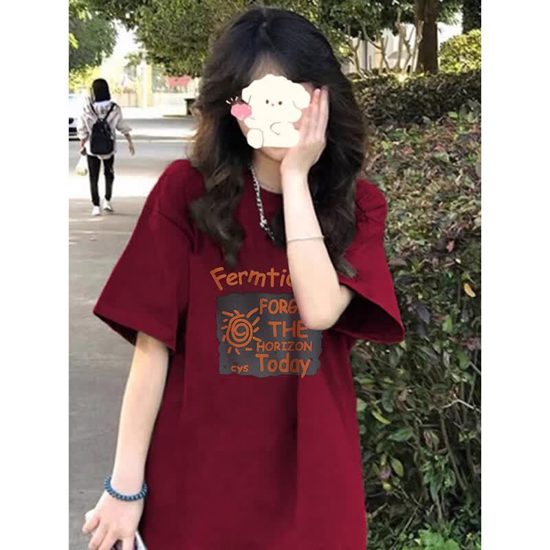 莉纱芙特2026年春夏季新款潮流半短袖t恤女士装宽松洋气内搭打底衫上衣服 酒红色 M (建议:90-110斤)