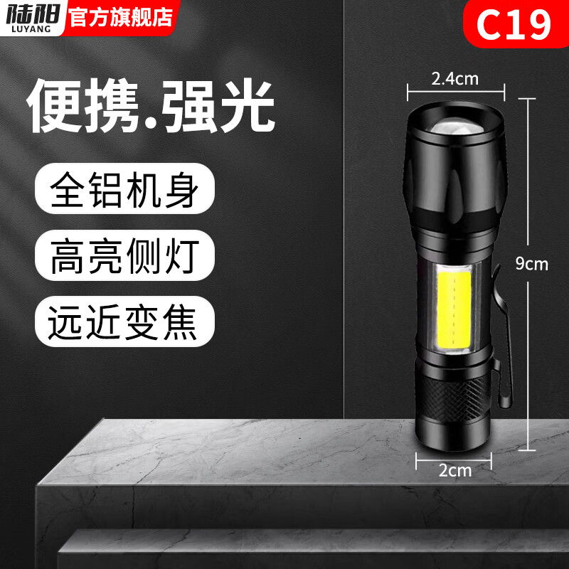 陆阳手电筒强光远射小型迷你超亮变焦充电可当充电宝USB直充LED应急灯 黑色C19
