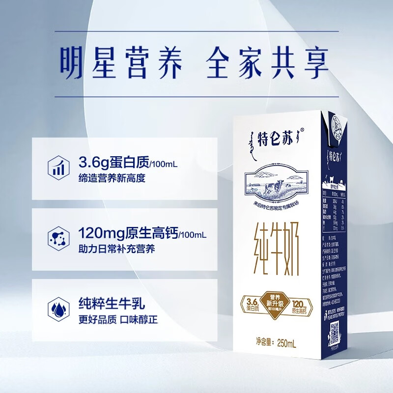 蒙牛特仑苏纯牛奶250ml*12盒整箱3.6g乳蛋白礼盒(10月到期)
