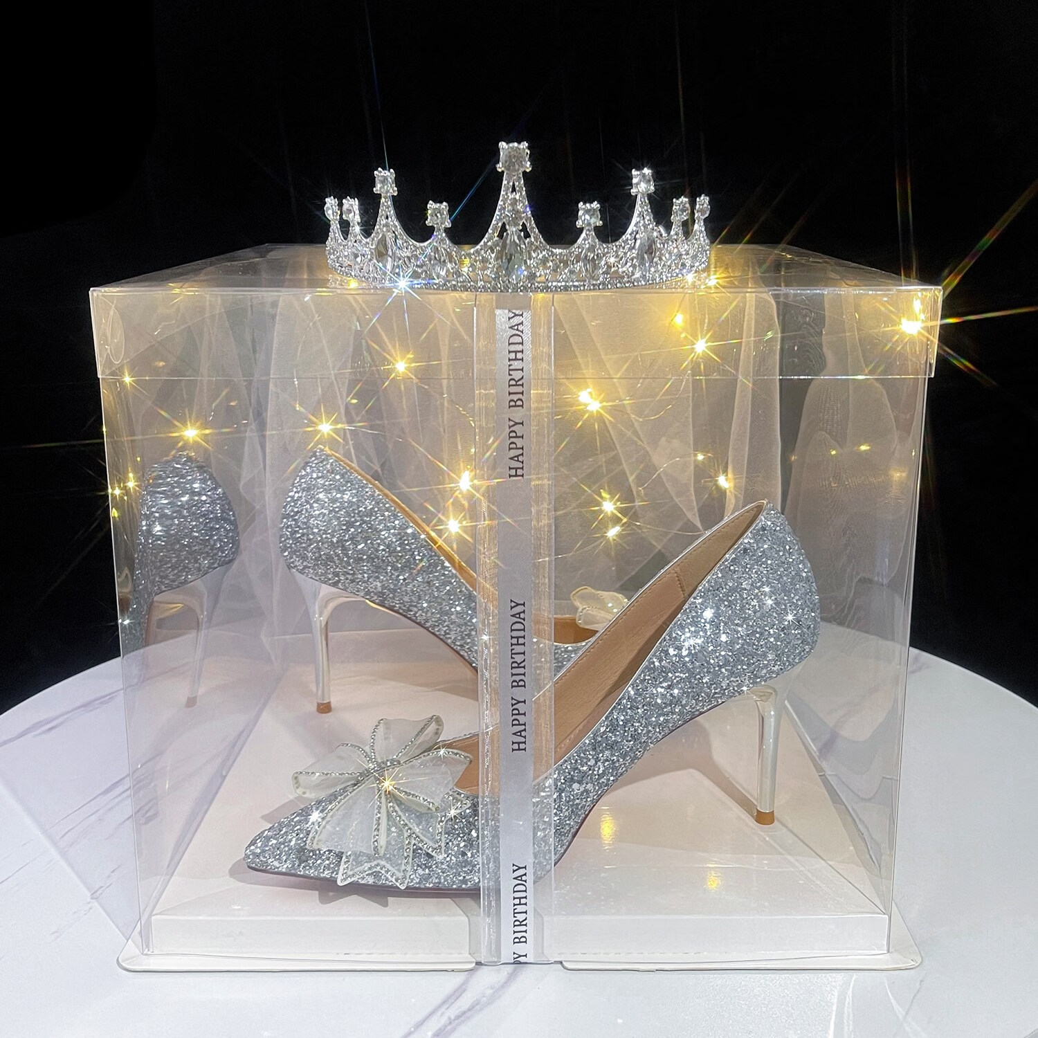 成人礼18岁亮片蝴蝶结水晶生日礼物主婚鞋纱新娘高跟鞋 银色 女王皇冠