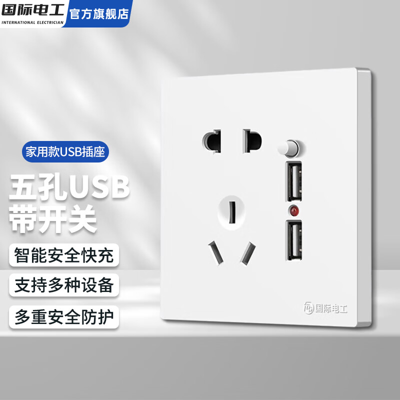 国际电工86型USB插座面板带开关五孔插座家用手机快充闪充type-c暗装墙壁 五孔双USB带开关【白色】属于什么档次？