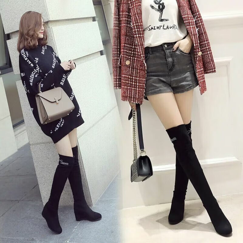 秋冬季过膝长靴高筒靴内增高女靴长筒靴弹力单靴 黑色【单款】三穿 35