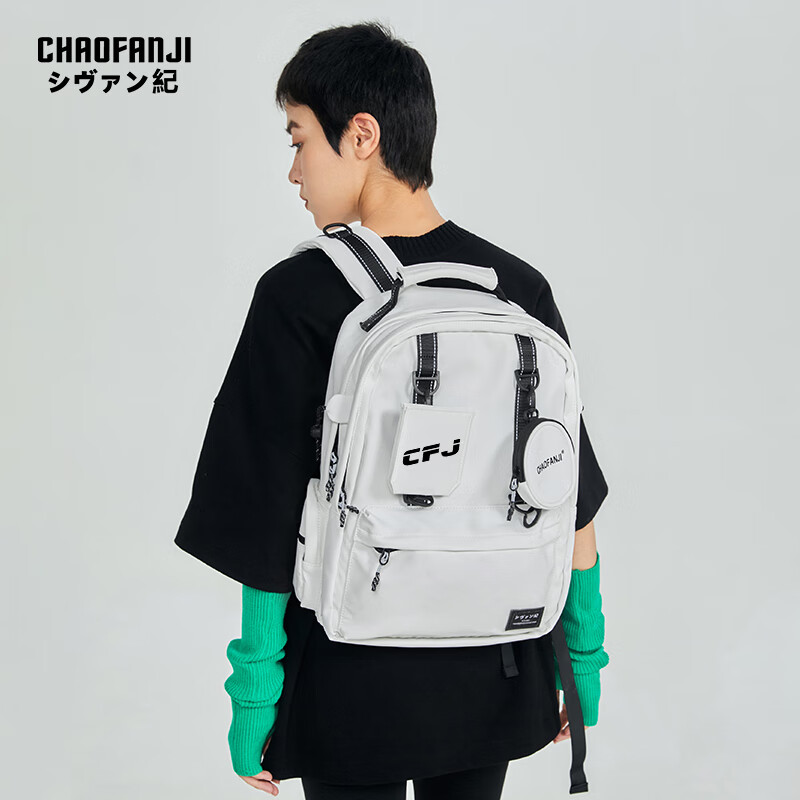 CHAOFANJI潮梵纪日系潮牌双肩包男女中性款学生书包大容量防水背包旅行包 黑色小号 【加购下单送熊猫挂件】