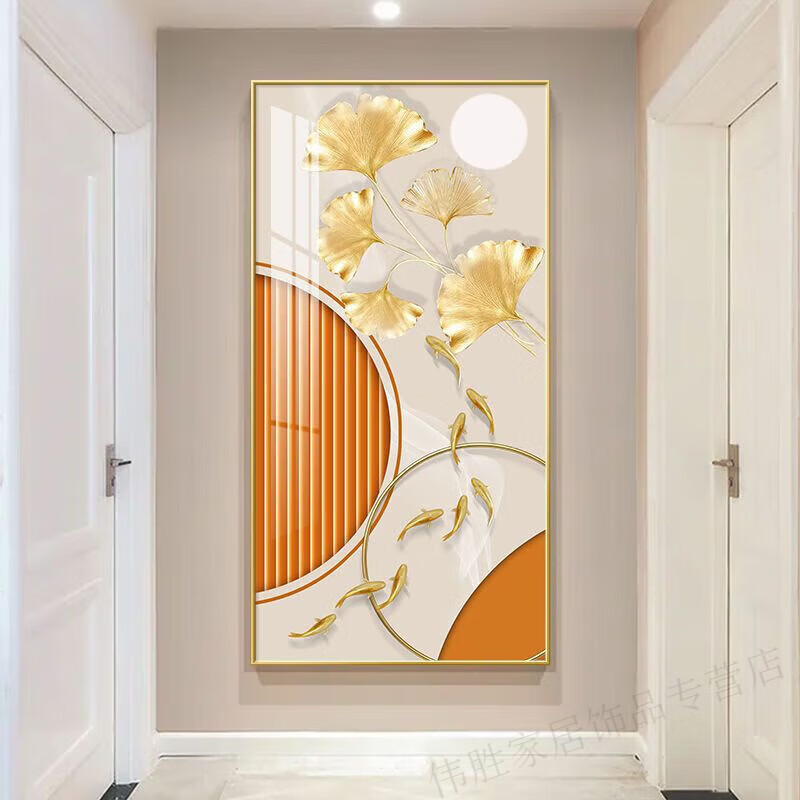 壁画走廊过道装饰画玄 a九鱼聚福a款 50*100cm金色铝合金框 晶瓷画