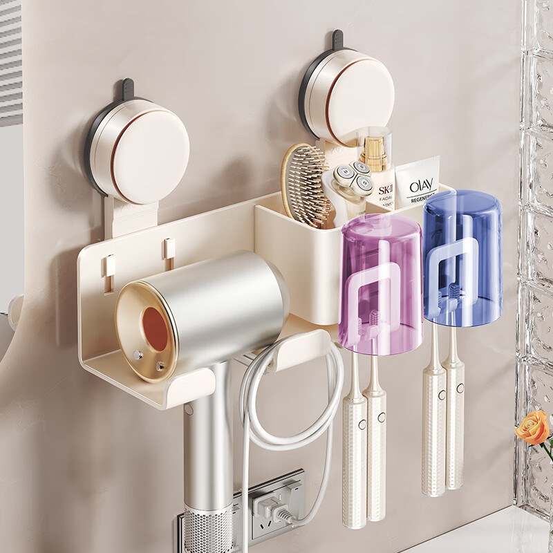 一卫（yweel）奶油白吸盘牙刷置物架免打孔漱口杯洗漱刷牙杯壁挂式吹风机置物架
