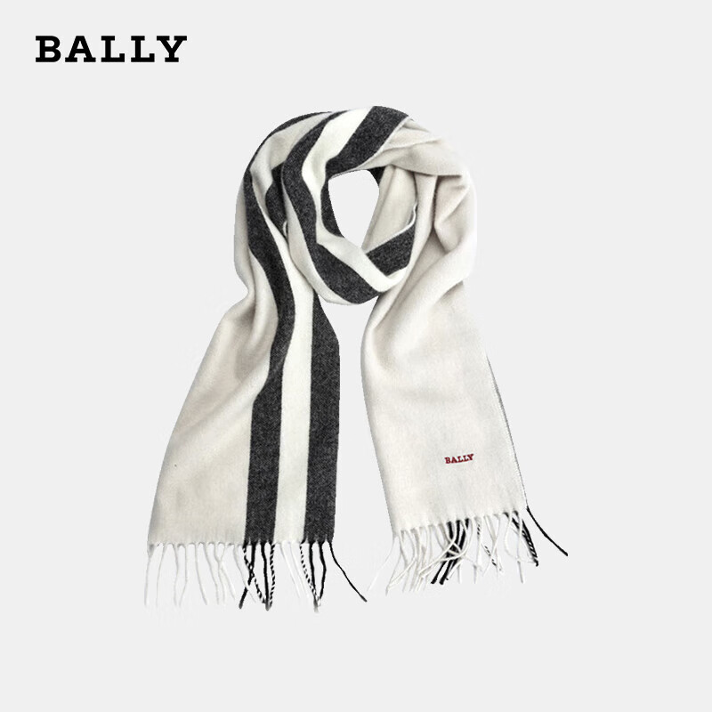 巴利（BALLY）男士羊毛混纺白色拼黑色条纹短流苏围巾6302424