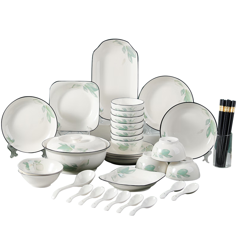 潔雅杰碗碟套裝家用簡(jiǎn)約陶瓷餐具整套裝盤(pán)子碗筷禮盒喬遷送禮43件春之意