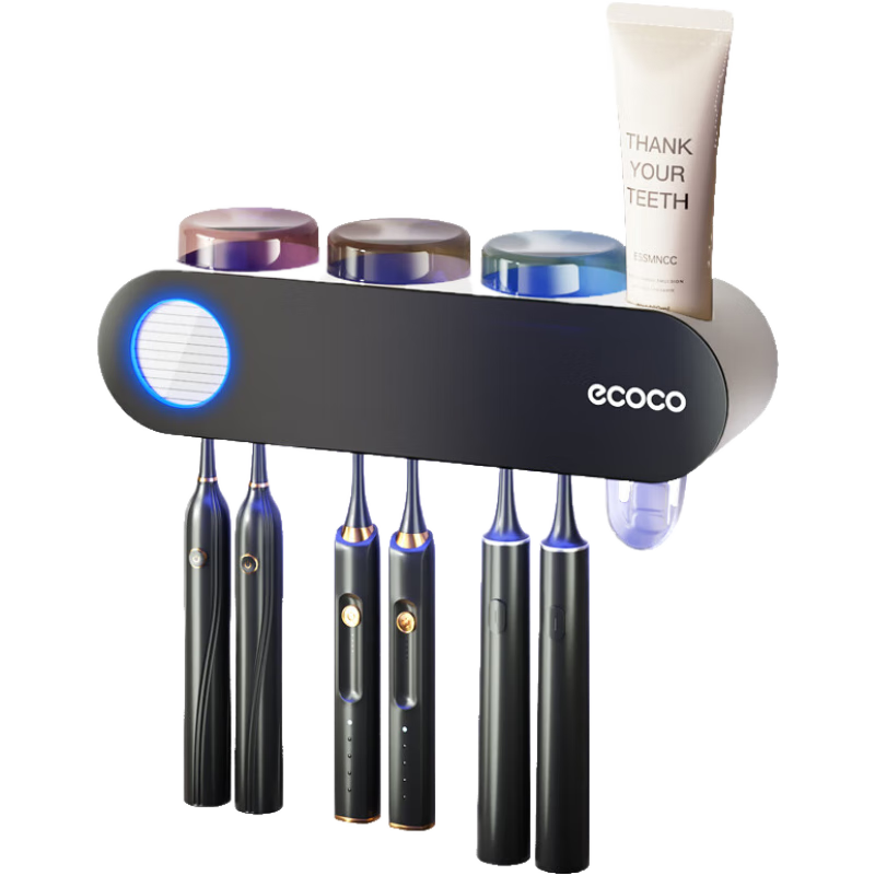 ecoco意可可牙刷置物架電動牙刷消毒器殺菌紫外線智能牙刷架免打孔壁掛 【北歐灰】三杯牙刷架+擠牙膏器