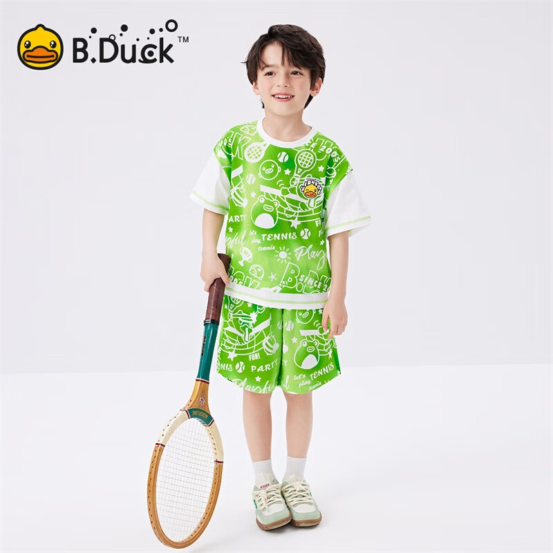 B.Duck【套装】小黄鸭童装男童夏季运动套装儿童新款小男孩短袖短裤两件 海洋蓝 130 cm