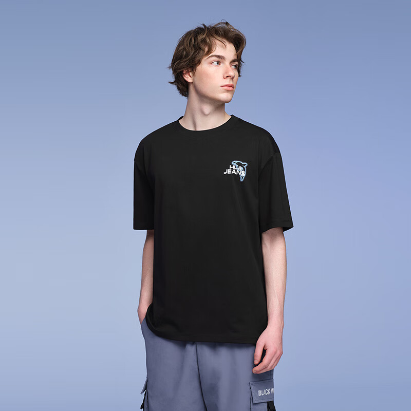 HLA海澜之家旗下黑鲸后背印花短袖T恤男25夏季圆领套头衫短t男