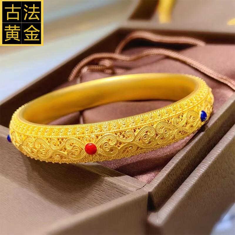 福韵礼古法金手镯花丝镶嵌故宫款复古妈妈款黄金镯子女999足情人节