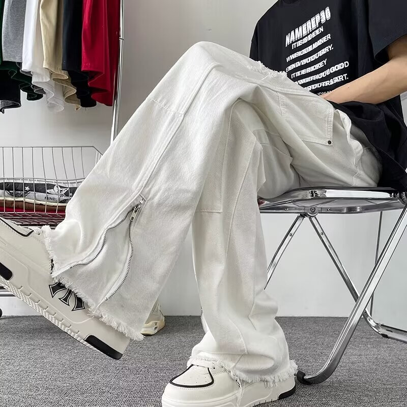 迪伽达裤子男春秋修身牛仔裤男美式vibe长裤痞帅开叉直筒休闲微喇裤男装 CHFS-C1062白色 常规 S 【建议90-105斤】