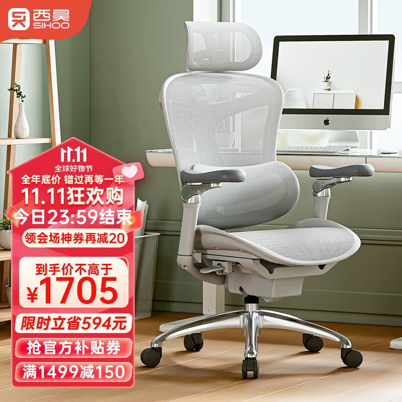 西昊 Doro C300/C100人体工程学椅电脑椅办公椅电竞椅家用书房座椅 C300云白+6D扶手（包安装）