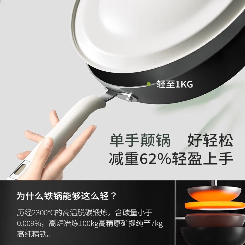 奥特优女士轻量铁锅炒菜锅家用无涂层电磁炉燃气灶专用熟铁平底不粘炒锅 轻至1KG【带锅盖+锅铲】 32cm 【已开锅】【健康无涂层】
