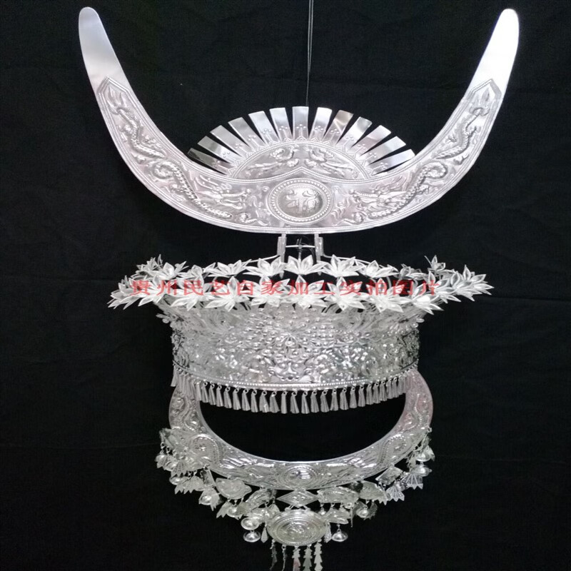 帽子苗族银饰土家族舞蹈演出头饰苗族项圈 小二花帽子 牛角 精品项圈