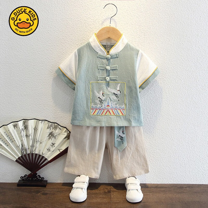 duckkids小黄鸭汉服男童夏季薄款短袖中国风宝宝民族国学唐装套装儿童