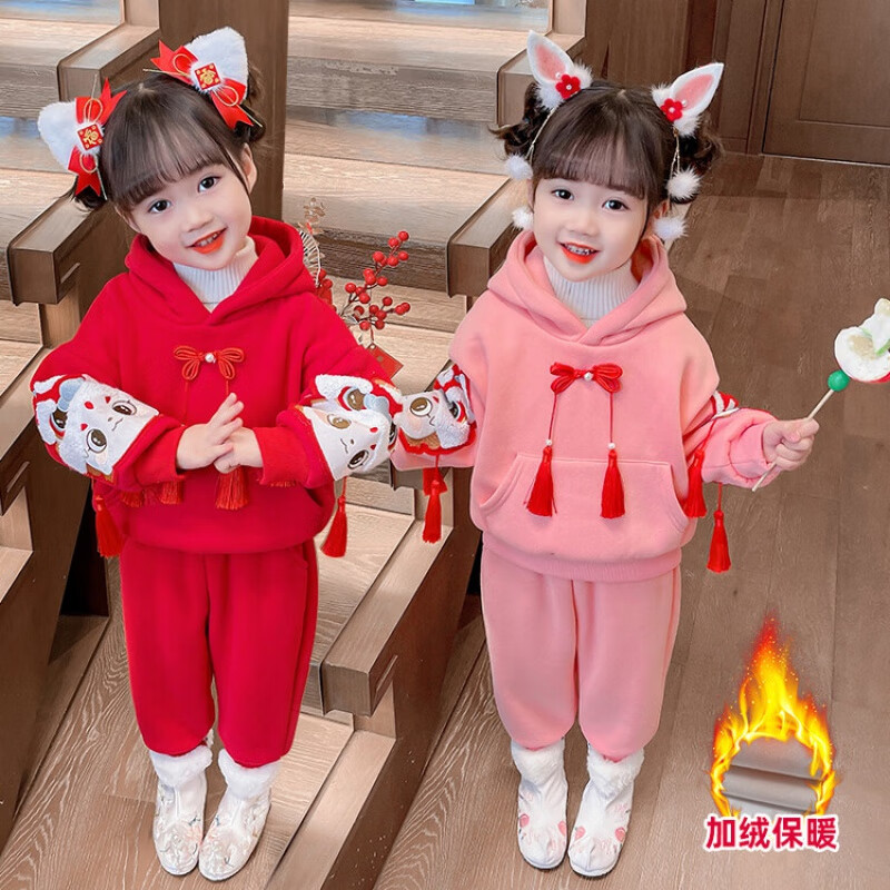 G.duck童装女童套装秋冬加厚保暖儿童卫衣裤拜年服新年服装中式周岁礼服 红色 100 (建议身高90cm 3-4岁)cm