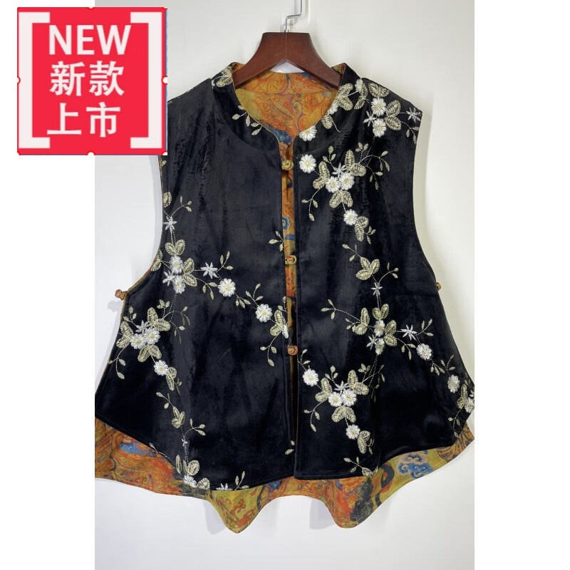 马甲女高档秋冬中式厂家直销金丝绒新盘扣玉兰花重 黑色 xl 胸围108