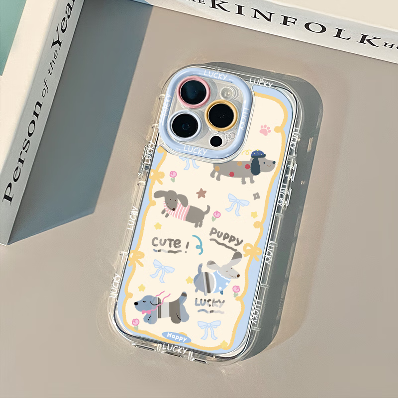 权速ins创意黄蓝镂空小狗镜面适用苹果手机iPhone15新款手机壳可爱卡通奶油壳iPhone14全包防摔保护套 【黄蓝镂空小狗镜面】 iPhone14Promax