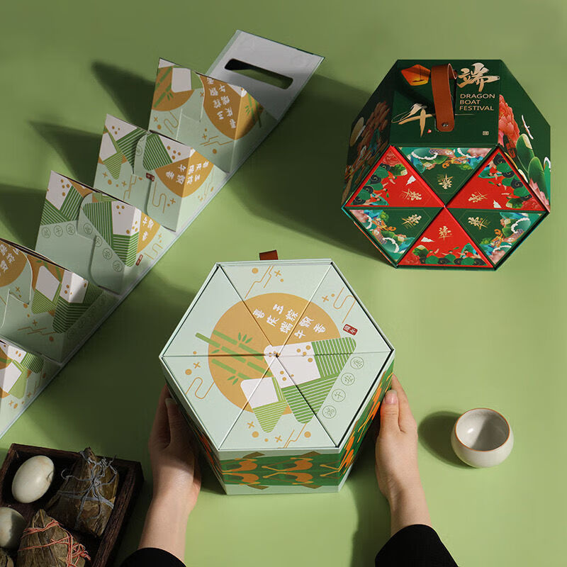 狮奥利兴粽子包装盒可装6-8个端午节礼盒创意包装盒纸盒礼六边形手提粽 粽子盒六角盒折叠款红色 一箱(12套)
