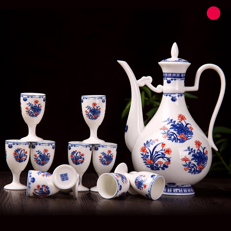 苗苗红陶瓷酒具套装中式高端景德镇青花瓷仿古白酒酒壶酒杯套装摆件 MZ 款4 荷塘清趣酒具 11件