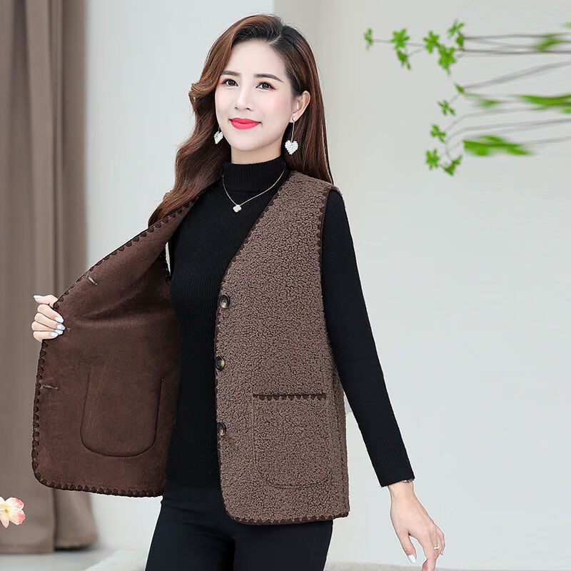 tromlfz洋气新款中秋装马甲羊羔绒背心中老女装马夹上衣秋 咖色 m 码