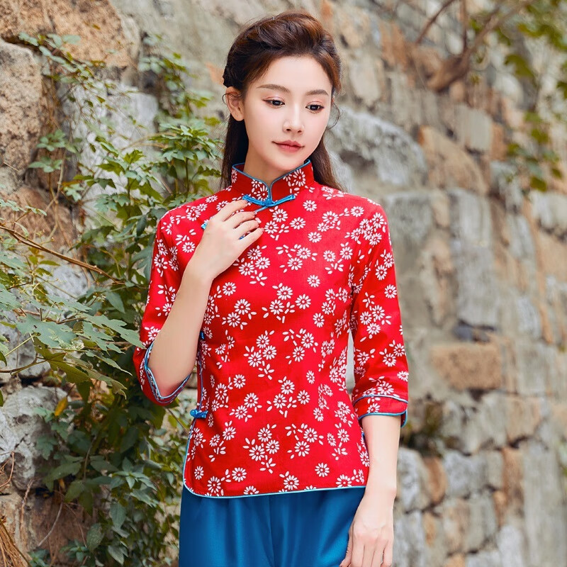 玖维娅阿庆嫂演出服中老年秧歌服舞蹈村姑碎花采茶女服装农村大花布