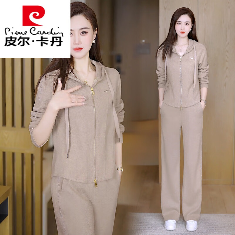 皮爾卡丹高級感時尚休閑運動套裝女2025春秋新款洋氣連帽外套闊腿褲兩件裝 燕麥色 XL【110-125斤】