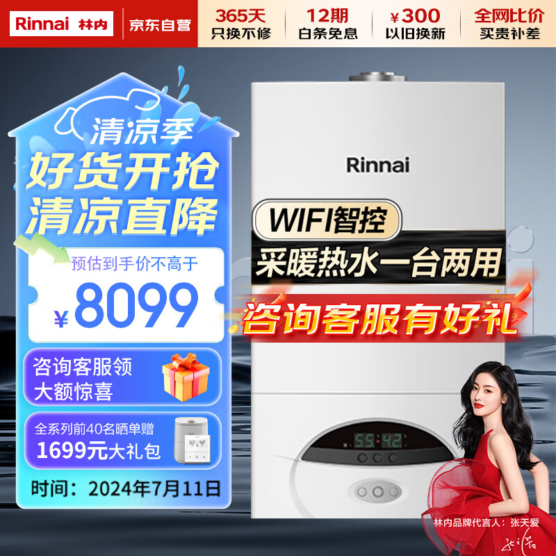 林内(Rinnai)燃气壁挂炉采暖热水两用APP智控恒温 天然气壁挂炉地暖生活水两用地暖暖气片采暖锅炉RBS-24C30(L)