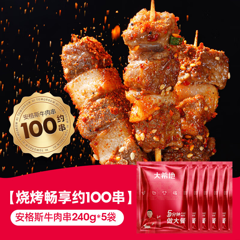 大希地安格斯牛肉串 空气炸锅露营户外烧烤冷冻半成品食材烤串美食 【约100串】安格斯牛肉240g*5袋 240g