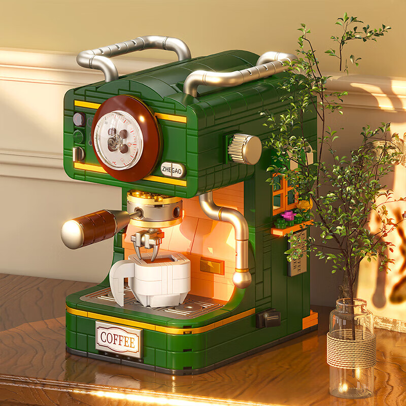 哲高潮流复古咖啡机相机放映机电话经典收藏仿真积木模型摆件礼物 662043-复古咖啡机【618颗粒】
