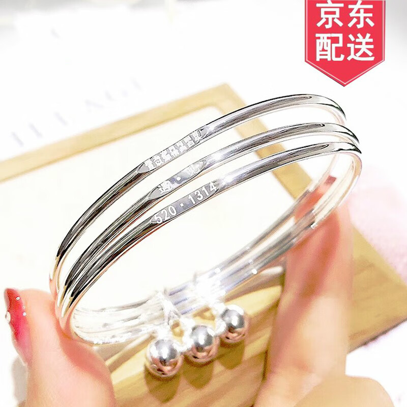 银手镯女999刻字闭口24新款时尚手环三圈十里桃花百搭礼 内直径54mm