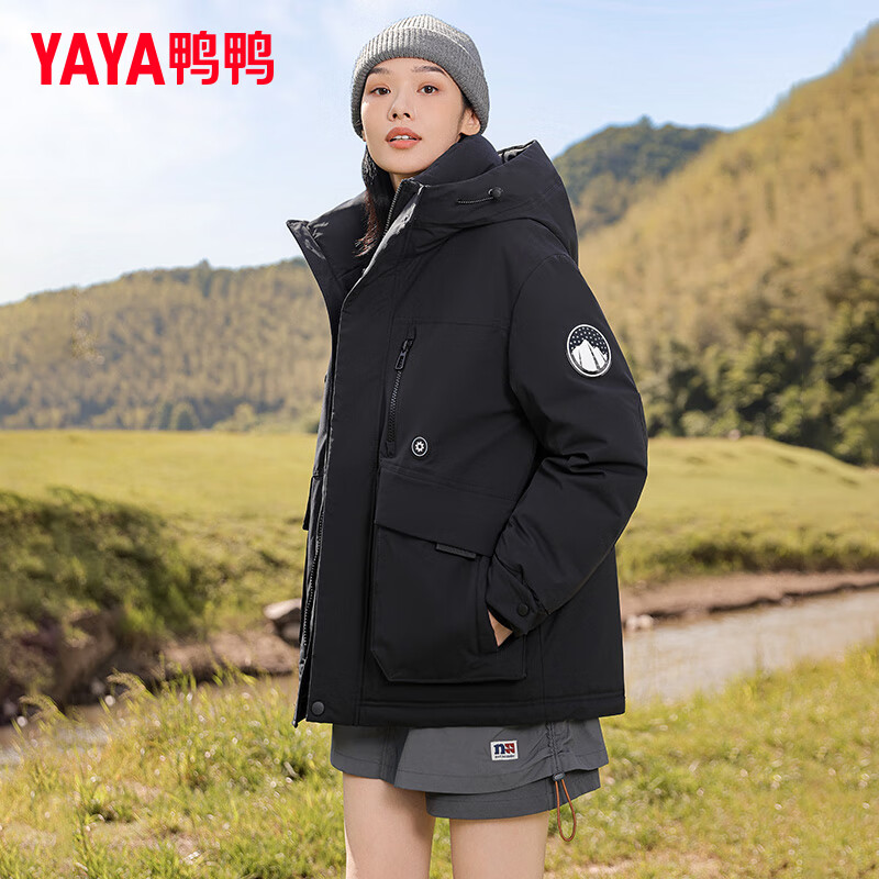 鸭鸭（YAYA）【王一博同款】羽绒服女短款2024冬季新款连帽时尚百搭保暖外套Y 2328 丛林绿色 165/84A(S)