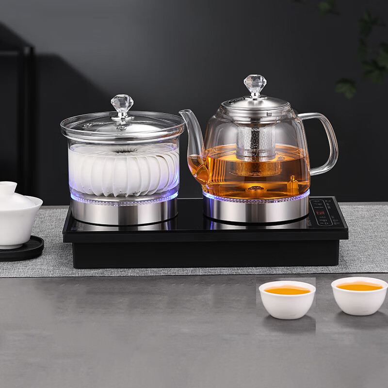 恒功 全自动底部双边下上水电热烧水壶玻璃壶茶台桌泡茶专用一体嵌入式煮茶器套装 黑色【双上水】消毒锅款